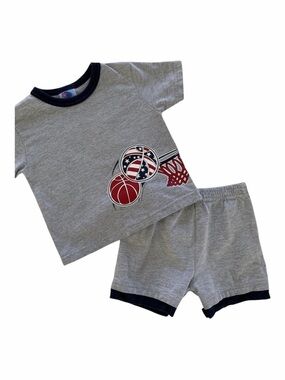 Vintage Kid Connection Shirt Shorts Set Boys Size 24M Gray Red Blue Basketball